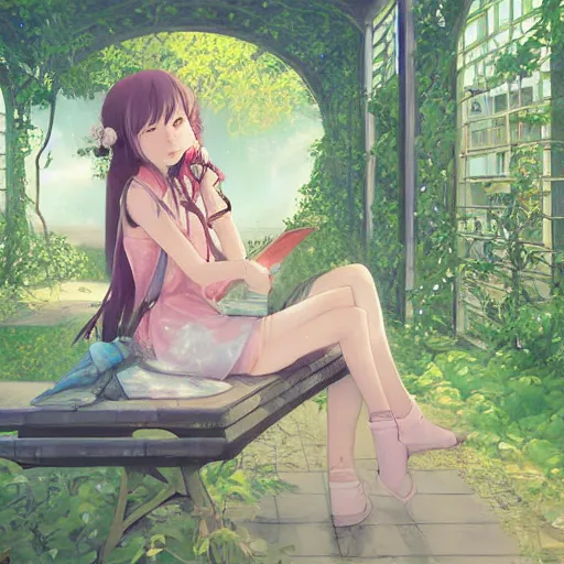 Image similar to advanced digital art. A beautiful girl is sitting on a bench reading in an abandoned train station that is overgrown with vines and flowers, Digital Anime pastel painting, Sakimichan, WLOP, RossDraws, pixivs, Makoto Shinkai. —H 2160