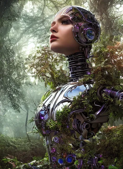 Prompt: beautiful female robot covered by plants and crystals in the mystical forest, beautiful symmetrical face, full body, immersed in the tree, chrome parts, opal crystals, renaissance style, cyber punk, sci - fi, baroque, cinematic light, mystical shadows, 8 k, octane render