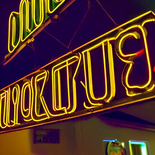 Prompt: Vintage neon sign that spells DYSKOTEKA, hung above the door, late summer evening, long exposure, 35mm f8