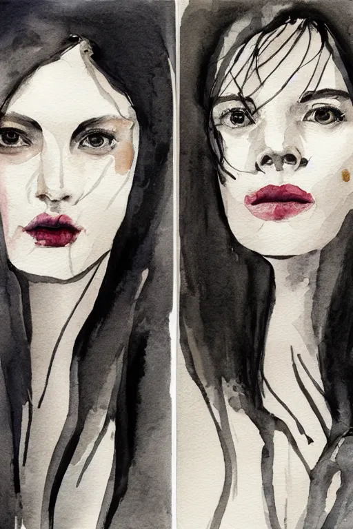 Image similar to beautiful face woman, symmetrical, grey, colorless and silent, watercolor portraits by Luke Rueda Studios and David downton