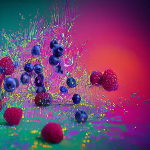 Image similar to raspberry, blueberry, vanilla smoothie explosion, intricate complexity, inverted neon rainbow drip paint, trending on art station, photoreal, 8 k, octane render