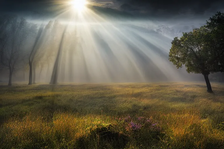 Image similar to landscape photography of bucharest by marc adamus, morning, mist, rays of light, beautiful