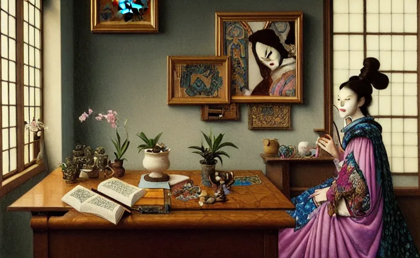 Image similar to a pastel drawing of a woman wizard, ornate clothing, lounging on a purpur pillow on the marbled checkered floor in her study room reading an ancient tome. to the side is a potted plant, moody candlelit raytracing. ancient scifi fantasy setting. detailed face, sharp focus. by chie yoshii and vermeer