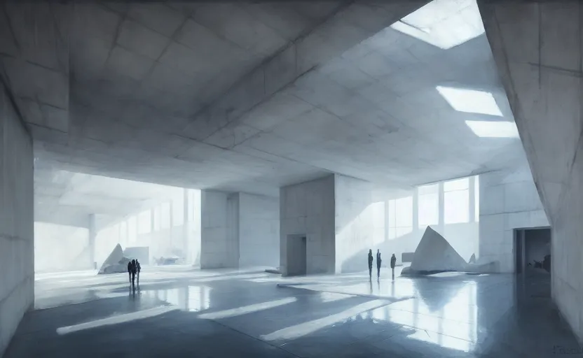 Image similar to painting of interior shot of a white concerete brutalist contemporary art museum by darek zabrocki and greg ruthkowski, cinematic and blue cold atmospheric, archillect concept art, artstation, trending on artstation