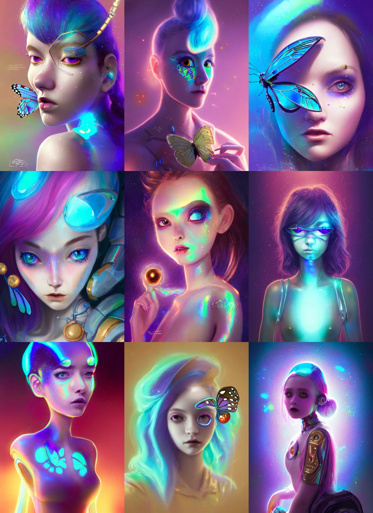 Prompt: pixar 8 k photo, beautiful shiny white porcelain rich galactic iridescent edc emo clowncore cyborg college girl, morpho butterfly raver jewelry, golden ratio, sci fi, fantasy, cyberpunk, intricate, decadent, highly detailed, digital painting, octane render, artstation, concept art, smooth, sharp focus, illustration, art by loish, wlop