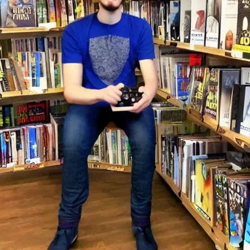 Prompt: jacksepticeye wearing blue jeans playing a video game in a bookstore