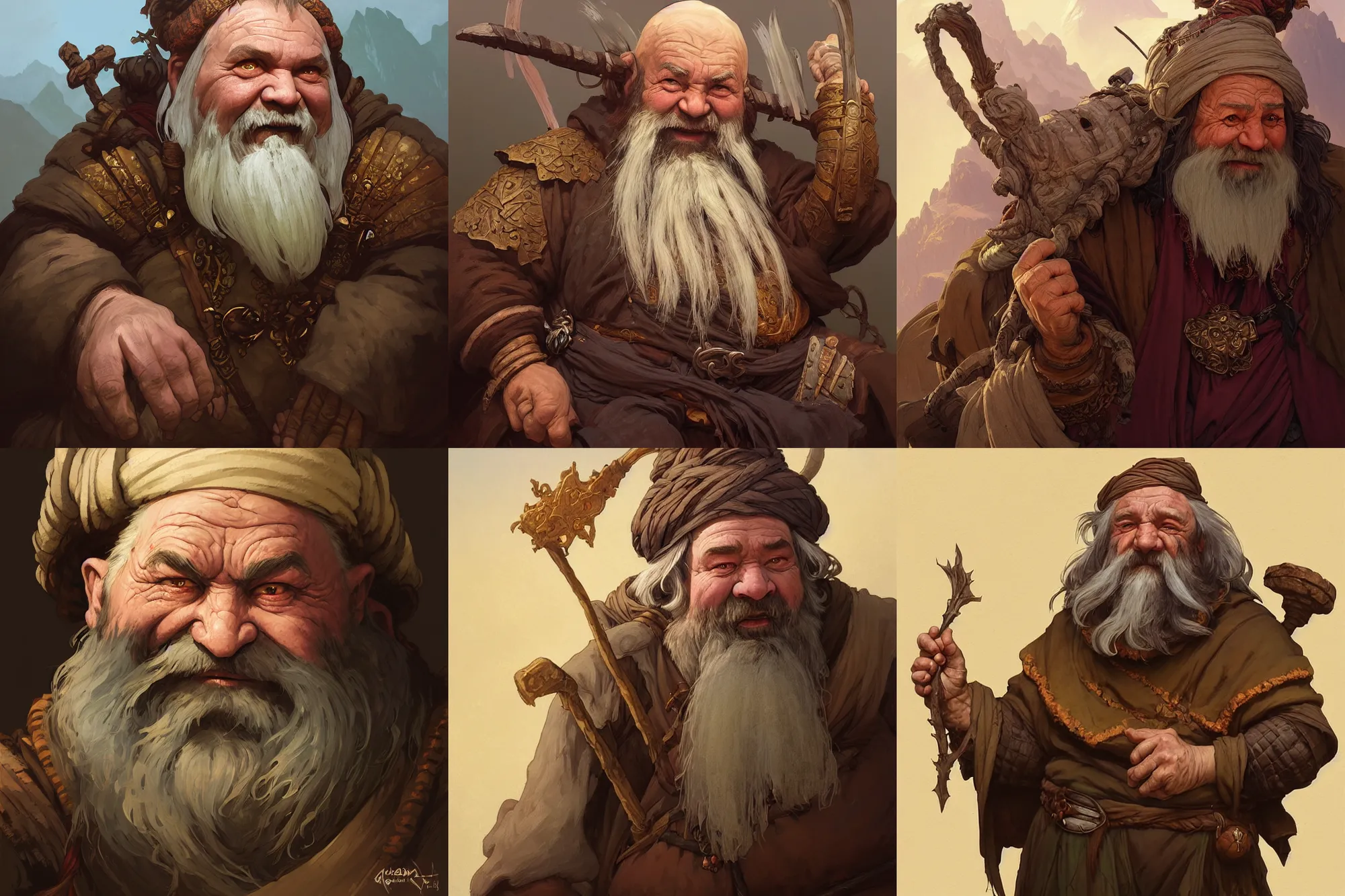 Prompt: “portrait of an elderly mountain dwarf merchant, painted fantasy character portrait, D&D, highly detailed, digital painting, artstation, concept art, sharp focus, smooth, illustration, art by artgerm and greg rutkowski and alphonse mucha and craig mullins and James Jean and Andrei Riabovitchev and Marc Simonetti and peter mohrbacher”