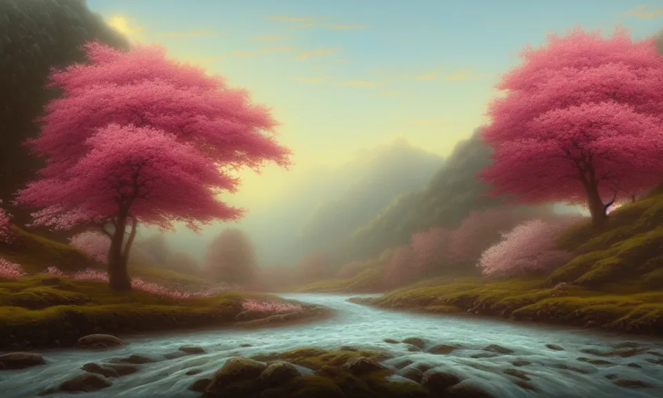 Image similar to a beautiful landscape matte painting of cherry trees with petals flying in the sky, beside a river, by christophe vacher, trending on artstation