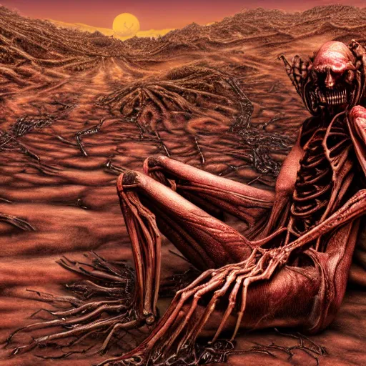 Prompt: conjoined demon twins sitting legs crossed in a desert hellscape covered in gore by Yoshitaka Amano, by HR Giger, biomechanical, 4k, hyper detailed, hyperrealism, anime, a Broken World demons flying overhead, red sky, blood and body parts, deviantart, artstation