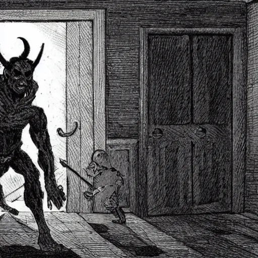 Prompt: a demon hunting down a man in a dark house