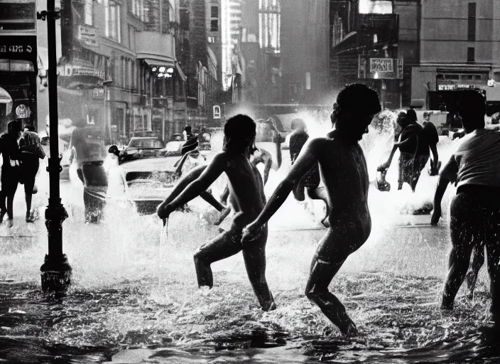 Image similar to a 3 5 mm photo from the back of people playing in splashing water from an open fire hydrant in the streets of new york city in the 1 9 6 0 s, bokeh, canon 5 0 mm, cinematic lighting, dramatic, film, photography, golden hour, depth of field, award - winning, 3 5 mm film grain