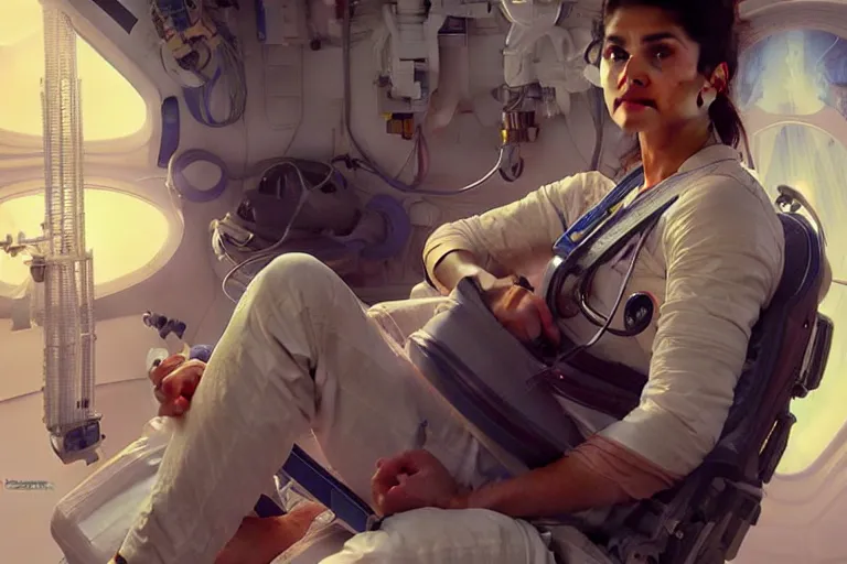 Image similar to Sensual good looking pale young Indian doctors wearing jeans in a space station above Earth performing surgery, portrait, elegant, intricate, digital painting, artstation, concept art, smooth, sharp focus, illustration, art by artgerm and greg rutkowski and alphonse mucha