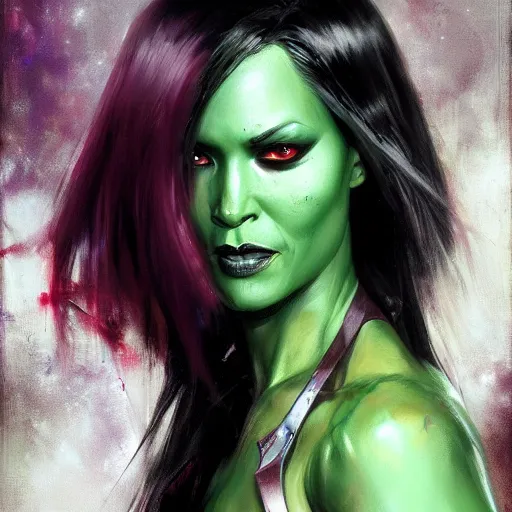 Image similar to Gamora, paint by Raymond Swanland