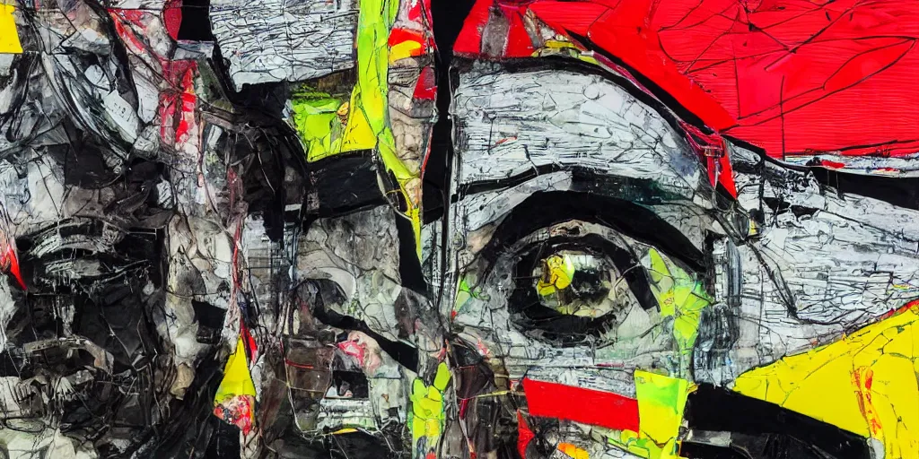 Prompt: close up portrait car crash test, thick lines with paint, collage paper and tape, acrylic on canvas, expressionism movement, breathtaking detailed, by blake neubert