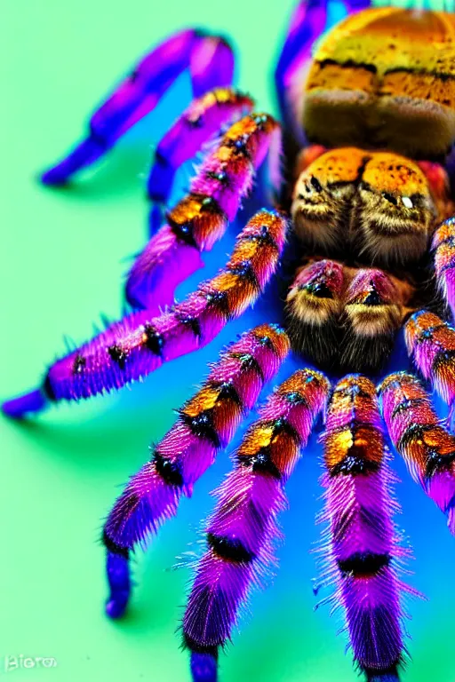 Image similar to high quality macro photo rococo iridescent tarantula! jewelled gorgeous! highly detailed david ligare elson peter cinematic blue neon lighting high quality low angle hd 8k sharp shallow depth of field