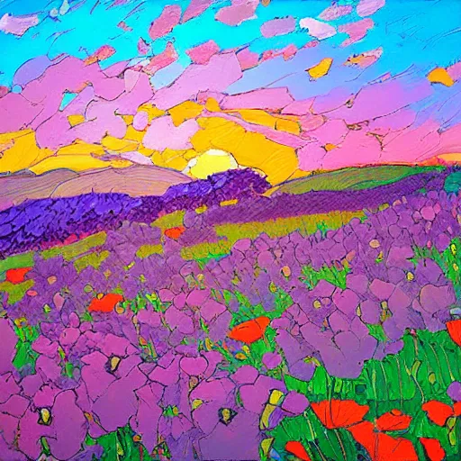 Prompt: a field of poppy flowers and lilac in front of rolling hills during sunset, art by erin hanson, oil painting, muted colors