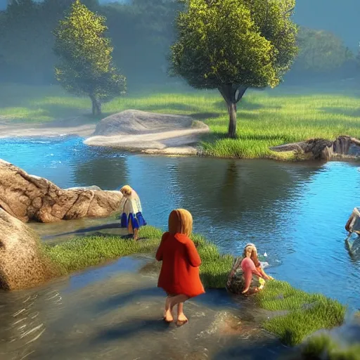 Prompt: “medieval kids playing in the river, unreal engine, focus, utra detailed”