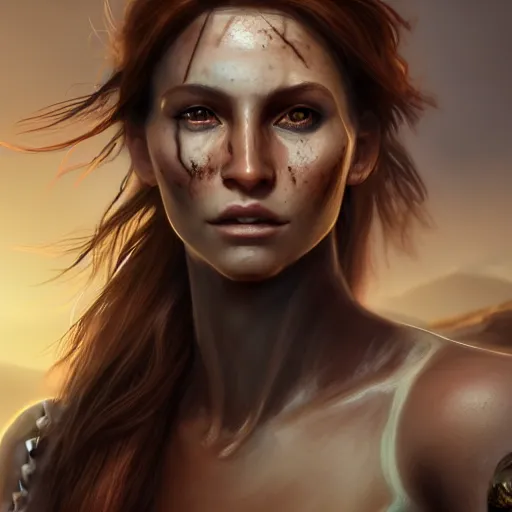 Prompt: fantasy concept art, frontal portrait of a healthy young woman, no blemishes, auburn hair in a ponytail, attractive, sun - kissed face, natural makeup, athletic, slavic features, serious demeanor, ( tomb raider ), desert background, in the style of ruan jia, high detail, uplit, 8 k