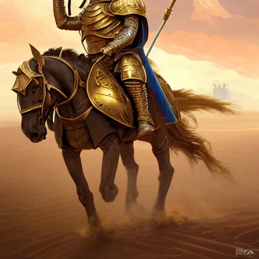 Prompt: Realistic photo of the king of the Desert in Battle, Knight with a golden helmet and a Silver Armour, Sand, Heroic Battle Scene, D&D, fantasy, intricate, cinematic lighting, highly detailed, digital painting, Artstation, 8k, photorealistic, art by Artgerm and Greg Rutkowski and Alphonse Mucha