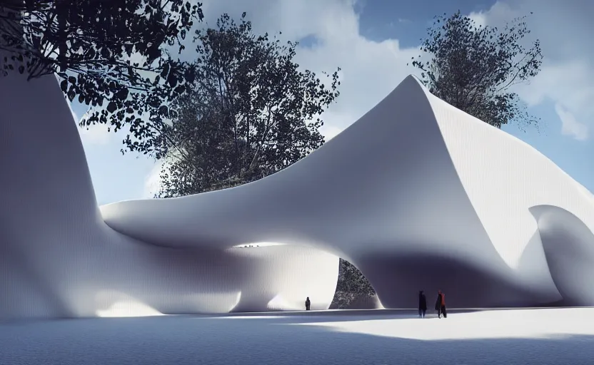 Prompt: exterior painting of a white architecture by zaha hadid and peter zumthor, darek zabrocki, greg ruthkowski, cinematic and blue cold atmospheric, archviz, archdaily, deezen, concept art, artstation, trending on artstation