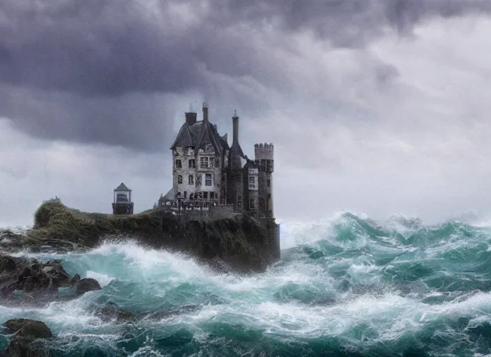 Image similar to raging ocean waves wash over a lonely gothic castle on a cliff in the background, 8 k, epic composition, oil painting, cinematic light, cloudy sky