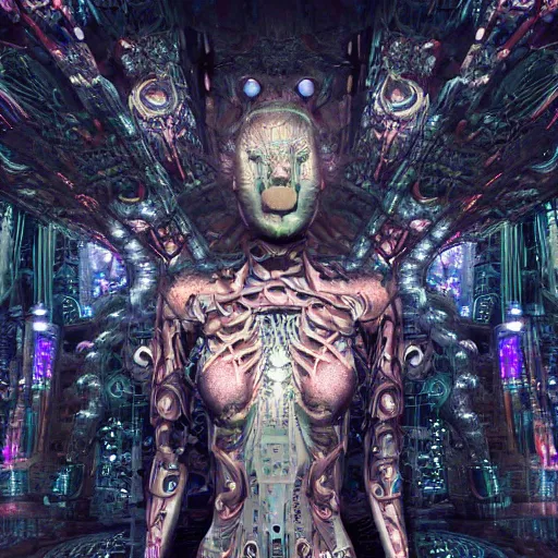 Prompt: cybernetic demon dreaming with its highly networked mind, lsd, circuitry, intricate detail, royo, whealan, giger, klimt, hd, octane render, unreal engine,