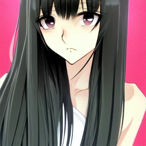 Image similar to attractive elegant sophisticated reservedyoung woman, slim figure, perfect silky straight hair, smooth tan skin, dark circles under bemused eyes, hip emo fashion, tshirt!!, shorts!!, illustrated for newtype magazine!! by range murata!!!, realistic anime style, pinterest, very interesting digital painting, beautiful portrait!!!