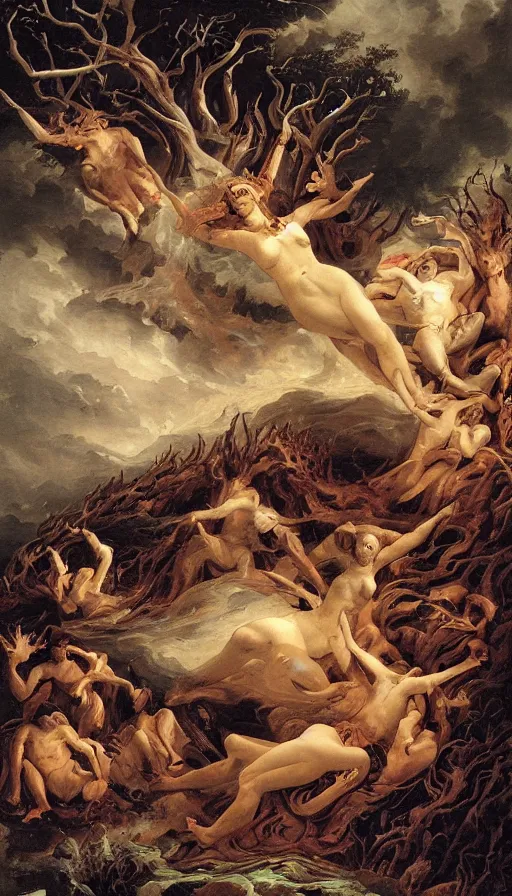 Image similar to a storm vortex made of many demonic eyes and teeth over a forest, by guillaume seignac