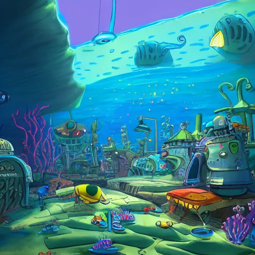 Image similar to bikini bottom drawn by stephen hillenburg, dynamic lighting, fantasy concept art, trending on art station, stunning visuals, creative, cinematic, ultra detailed