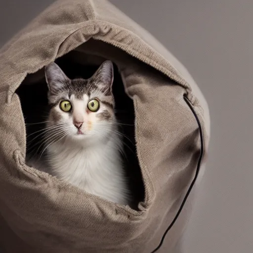 Prompt: a highly detailed photo of multiple furry cats, they are inside a big sack, gray background, studio lighting, 4 k, 8 k