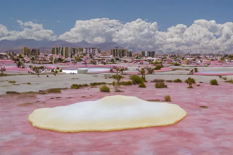 Image similar to Modern town with luxurious streets and Singaporean lush garden with royal white and pink and white and luxurious gold colors, advanced civilization, high-end statue, at the Salar De Uyuni, Hexagonal formations on the surface of salt crystallization, combined between sedimentary deposits, bubbling geysers, interstellar night reflection of the sky, intricate, elegant, luxurious, digital painting, concept art, smooth, sharp focus, from Star Trek 2021, illustration, by WLOP and Ruan Jia and Mandy Jurgens and William-Adolphe Bouguereau, Artgerm