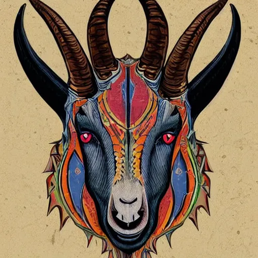 Image similar to goat - headed devil, looking at the camera, holding a human head, whose eyes are still wide. symmetrical anatomy, very detailed design, complexity of the picture, with pop punk style, colorful, accompanied by body, pure image without duplication, trending dribble, drawn by vinicius gud and gustavo zambelli