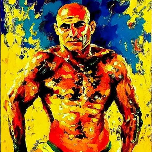 Image similar to bas rutten by leroy neiman, intricate, ultra detailed painting, atmospheric lighting, golden hour