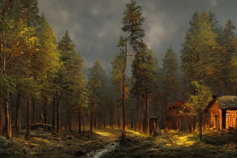 Image similar to A beautiful painting of russian village in dark forest by ivan shishkin and arkhip kuindji, trending on artstation,matte painting