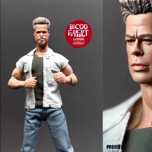 Prompt: action figure of brad pitt in fight club. advertising photograph, packaging, photographic, hyperreal, 3 5 mm