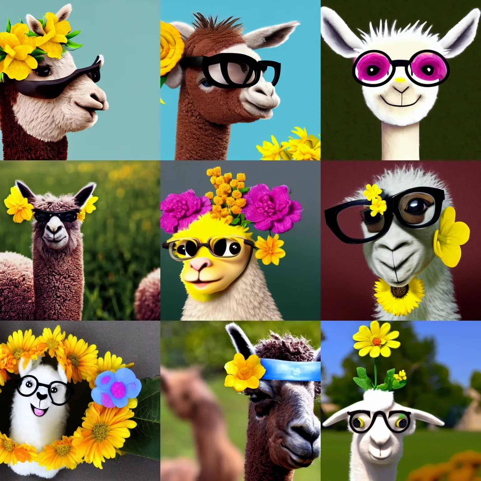 Prompt: a cute happy llama wearing eyeglasses and a yellow flower behind her ear, by Pixar