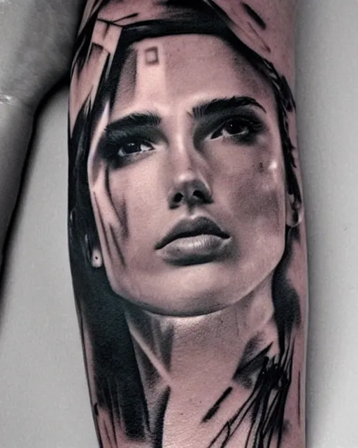 Image similar to creative double exposure effect tattoo design sketch of beautiful gal gadot faded with beautiful mountain scenery, realism tattoo, in the style of matteo pasqualin, amazing detail, sharp