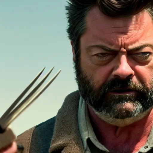 Image similar to logan wolverine as nick offerman, with claws, photorealistic movie still, detailed, 8 k