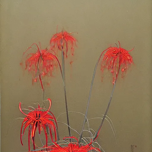 Image similar to death incarnated as a person amidst red spider lilies