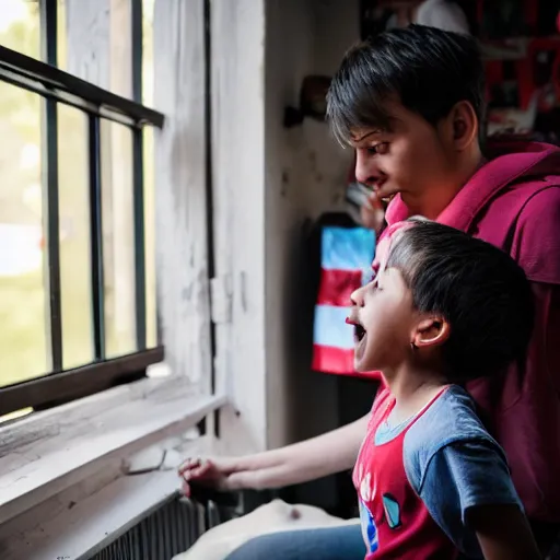 Prompt: a 4K photograph, cinematic lighting, award winning photo of a kid explaining to his mom why socialism is a good thing, socialist style photo