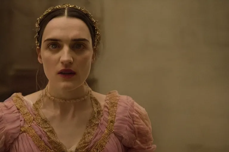 Image similar to mid-shot of Katie McGrath as the heiress in the new movie directed by Wes Anderson, symmetrical shot, idiosyncratic, relentlessly detailed, pastel colour palette, detailed face, movie still frame, concept art, promotional image, imax 70 mm