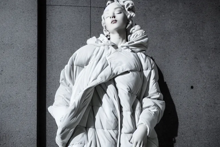 Image similar to well lit fashion shoot portrait of extremely beautiful female marble statue wearing huge over size puffer jacket by dingyun zhang, yeezy, balenciaga, vetements, a cold wall, sharp focus, clear, detailed,, cinematic, detailed, off white, glamourous, symmetrical, vogue, editorial, fashion, magazine shoot, glossy