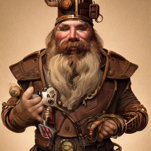 Prompt: Three quarters portrait of a male steampunk dwarf, highly detailed, digital painting, art by Stanley Lau and Artgerm and magali villeneuve and Alphonse Mucha, artstation, octane render, cgsociety