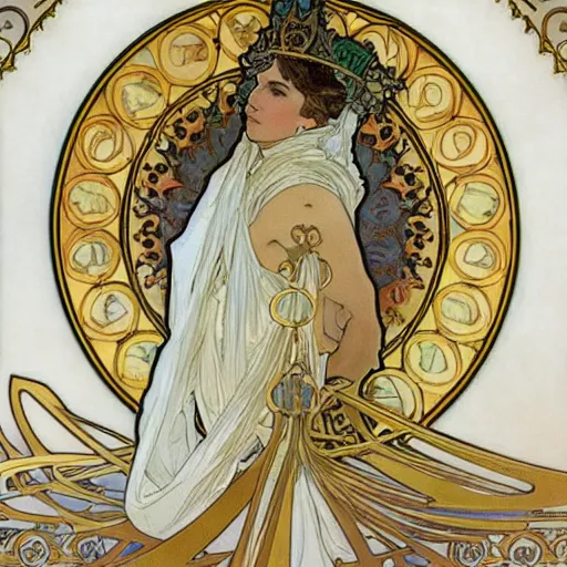 Image similar to an elegant white and gold acrylic painting of a roman emperor, by alphonse mucha