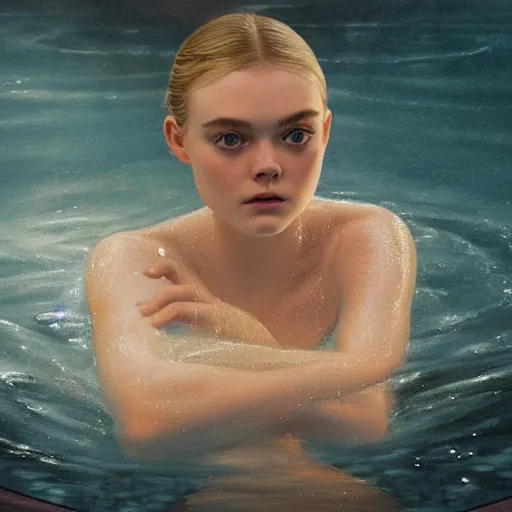 Prompt: silhouette of Elle Fanning submerged in a pool, stormy weather, extremely detailed masterpiece, oil on canvas, low-key neon lighting, artstation, Blade Runner 2049, Roger Deakin’s cinematography, by J. C. Leyendecker and Peter Paul Rubens,