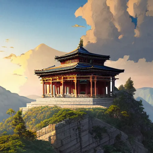 Image similar to concept art painting of a marble temple on top of a mountain, with greek and japanese architecture, overlooking a village in a valley, early morning, realistic, detailed, cel shaded, in the style of makoto shinkai and greg rutkowski and james gurney