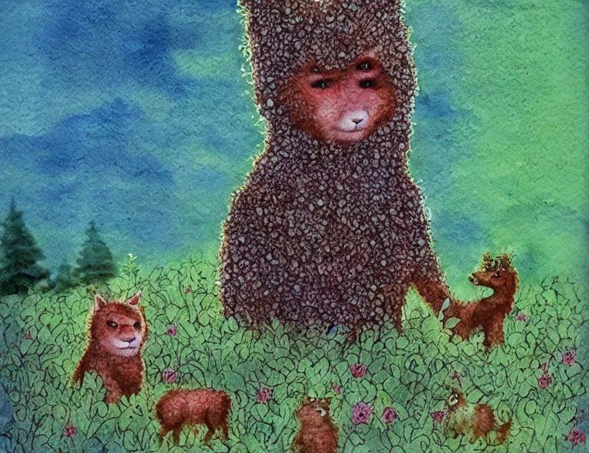 Prompt: feral chia pet in the wilderness. russian fairytale art, watercolor, backlighting