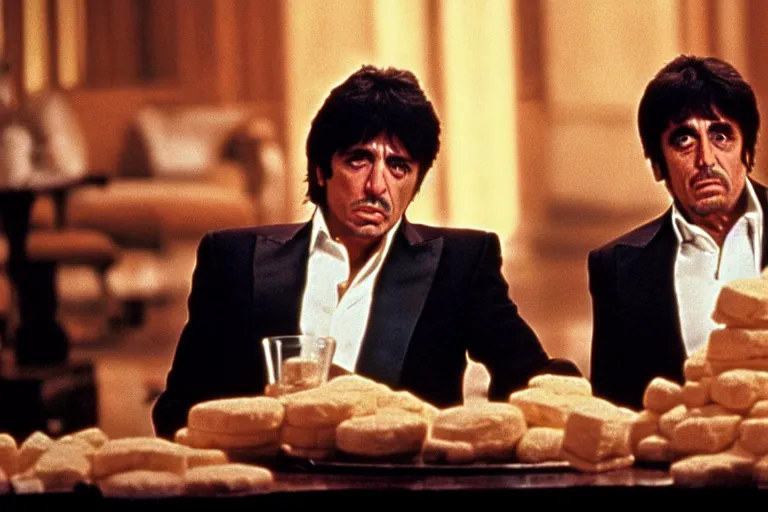 Image similar to tony montana from movie scarface 1 9 8 3 sitting behind a big black oak table with big large packages of flour. al pacino. perfect symmetric face, coherent eyes, ron cobb, fine details, 4 k. last scene from scarface movie, bokeh