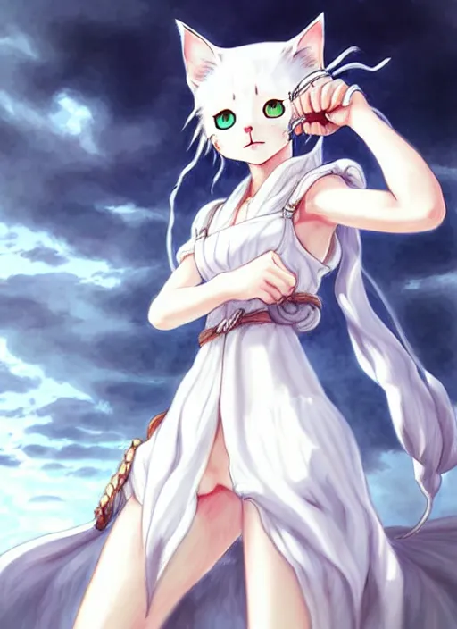 Image similar to a portrait of nekomimi wearing white dress an ultrafine detailed painting, detailed painting, detailed eyes!!, final fantasy octopath traveler realistic hands ghibly