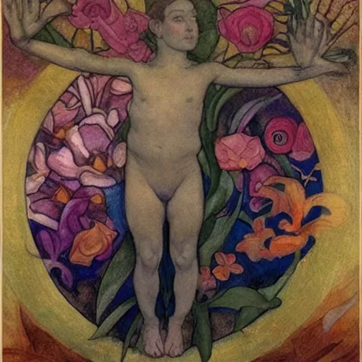 Image similar to the flower prince, by Annie Swynnerton!!!! and Nicholas Roerich! and (Edmund Dulac) and ((((Diego Rivera)))), bioluminescent skin, floral tattoos, elaborate costume, geometric ornament, symbolist, rich colors, dramatic lighting, smooth, sharp focus, extremely detailed